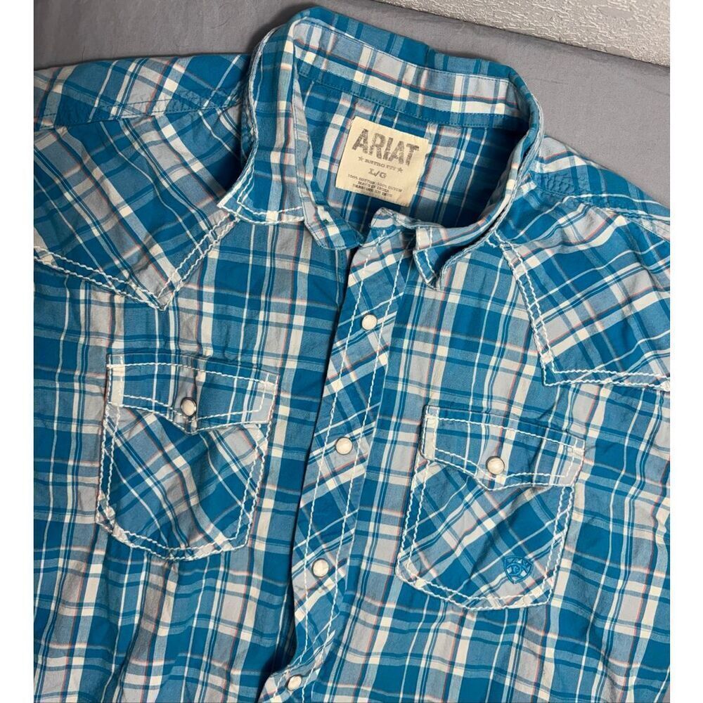 Ariat Shirt Mens Large Blue White Plaid Retro Fit Western Pearl Snap Cotton